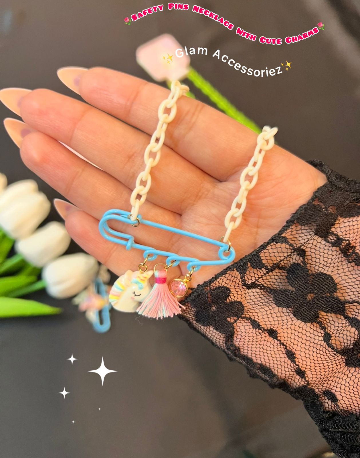 Cute Safteypins With Cute Charms Kids Necklace💕
