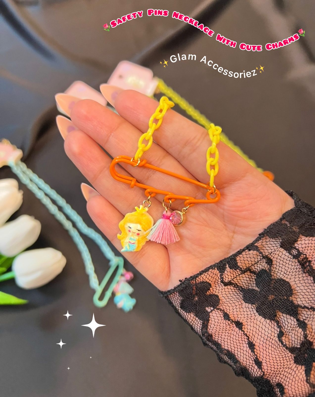 Cute Safteypins With Cute Charms Kids Necklace💕